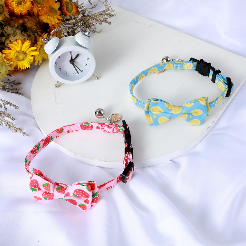 Ouligay 2PCS Bowtie Cat Collar with Bell Adjustable Breakaway Kitten Collars Cute Cat Collar with Removeable Bowknot for Girl Cats Boy Male Cats Lemon Strawberry - PawsPlanet Australia