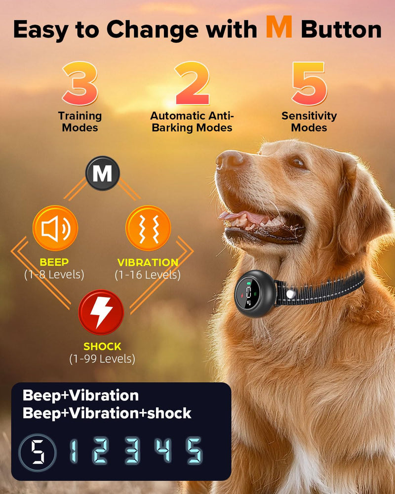 XDX 2-in-1 Dog Shock Collar & Bark Collar – 3300FT Dog Training Collar with Remote, Automatic Anti-Barking, 5 Adjustable Sensitivity Levels, IP67 Waterproof E-Collar for Small Medium Large Dogs Black