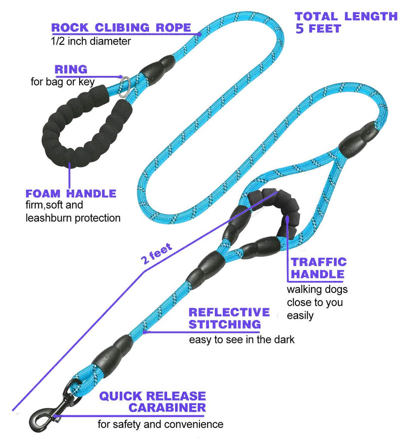 JSXD Heavy Duty Double Handle Dog Leash - 5 FT, Padded & Reflective, Rope for Small to Large Dogs (Blue) Rope-Blue - PawsPlanet Australia