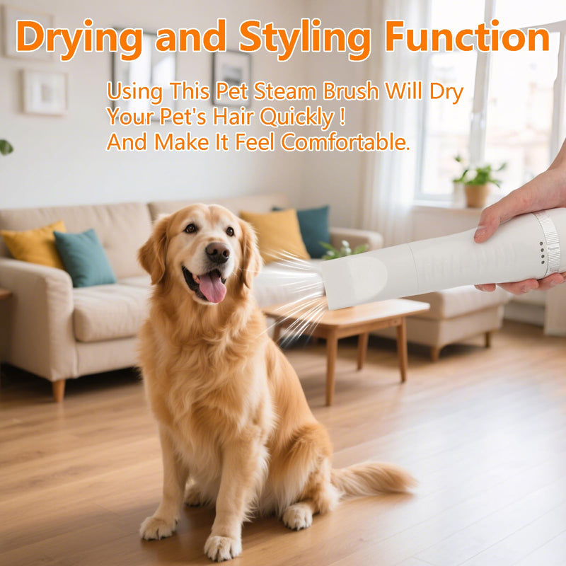 6 in 1 Dog Cat Steam Brush with Dryer - Pet Grooming Spray Brush for Shedding, Drying, Massaging, Deodorizing, Self-Cleaning - Includes Leave-In Pet Hair Care Solution - Easy to Use & Store Hide translation - PawsPlanet Australia