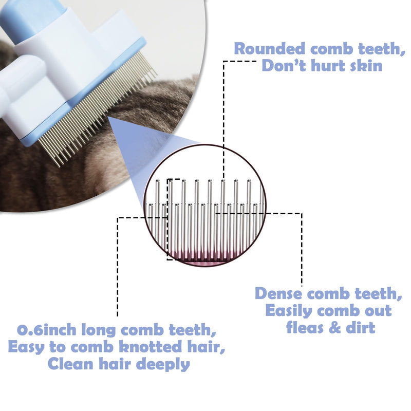 2pcs Cat Comb Set Flea Comb 2 Styles Pet Comb Self Cleaning Upgraded Cat Brush for Long Haired Cats & Dogs Blue, Pink