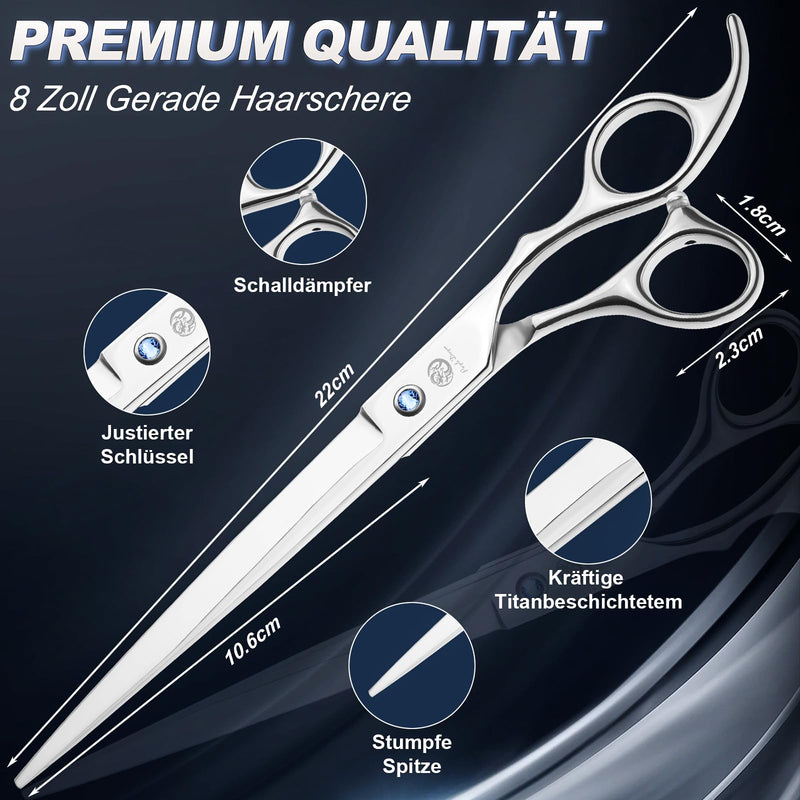 Purple Dragon 8 Inch Dog Scissor Set, Professional 3-in-1 Fur Scissors Set Silver Straight, Serrated and Curved Scissor are Included for Cats and Other Animals