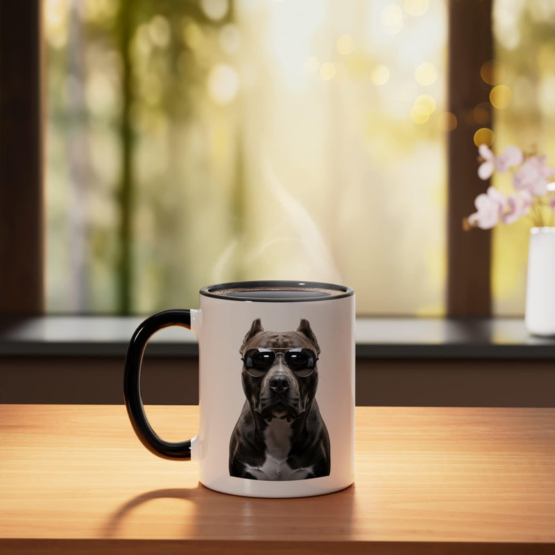 Cool Pitbull Sunglasses Dog Graphic Funny Pet Lover Ceramic Mug, Black/White 11 Ounces