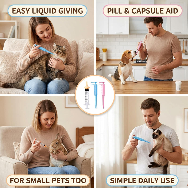 3-piece set in pink, containing a cat pill dispenser, a practical set for administering medication, easy to use with resistant pets, light blue and with 10 ml