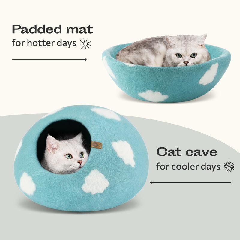 MEOWFIA Cat Cave – Premium Felt Cat Bed for Indoor Cats, Handmade Merino Wool (Nap Blue, Large) Nap Blue - PawsPlanet Australia