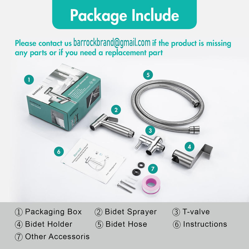 BARROCK Handheld Bidet Sprayer for Toilet, Stainless Steel Metal Made Baby Cloth Diaper Spraying Kit, Bathroom Toilet Bidet Attachment Set for Bathing Pets and Feminine Hygiene, Brushed Nickel 1