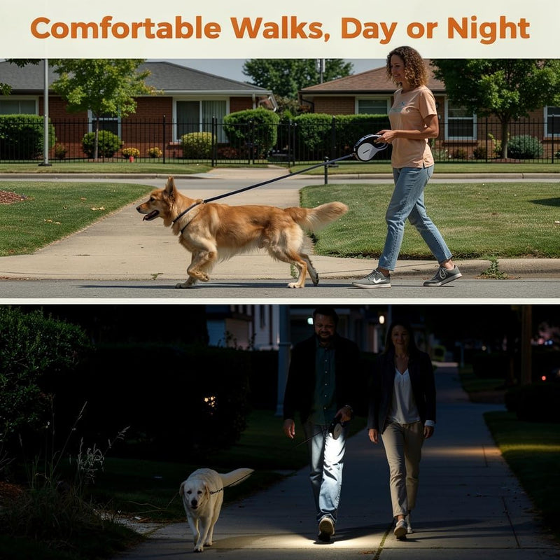 Retractable Dog Leash for Large Dogs with LED Light, 16.4ft Long Pet Leash up to 110lb Pull, 360° Tangle-Free One-Button Control for Small & Large Dogs & Cats, with Charging Cable, White - PawsPlanet Australia