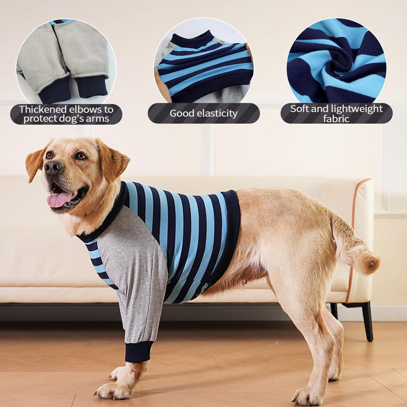 FUAMEY Dog Recovery Sleeve,Dog Recovery Shirt with Front Leg Dog Elbow Protector Stop Licking Joints Dog Surgery Suit for Medium Large Dogs Protecting Dog's Leg Wounds Blue Stripe L L(Weight:44-66lbs) - PawsPlanet Australia