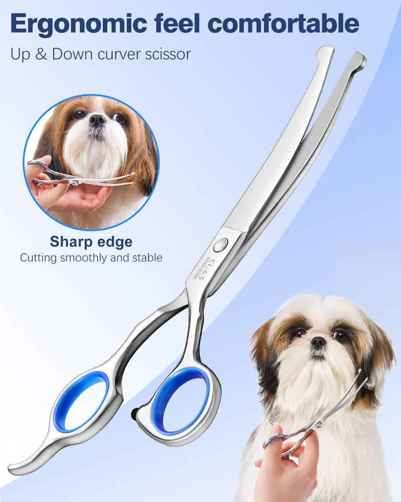 Furry Grooming Scissors with Safety Round Heads. Dog Grooming Scissors, 5CR 6 in 1 Dog Grooming Scissors, Curved Dog Grooming Scissors, Professional Pet Grooming Scissors Set for Dogs and Cats - PawsPlanet Australia