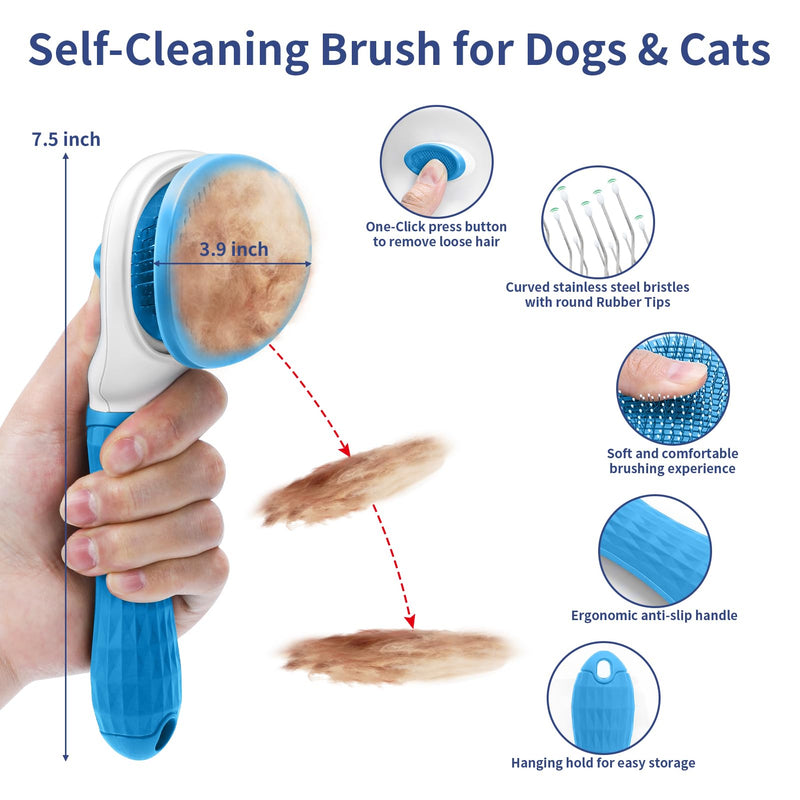 5 in 1 Dog Grooming Kit - Self-Cleaning Slicker Brush for Shedding Short Long Haired Dogs & Cats, Includes Pet Comb, Flea Comb, Bath Brush, Undercoat Rake - Complete Fur Care Set - Blue - PawsPlanet Australia