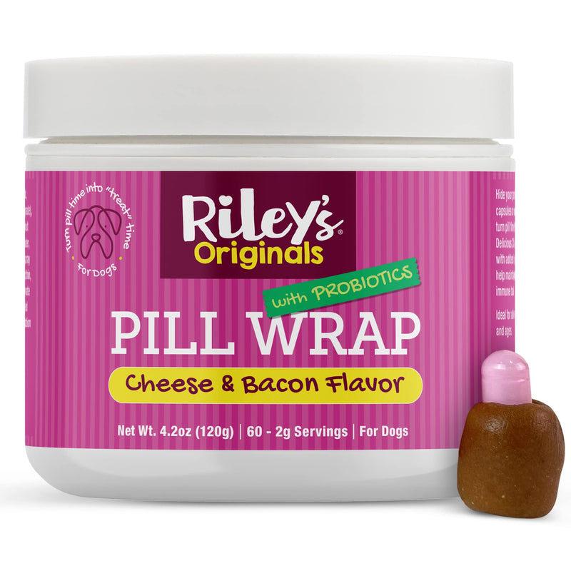 Riley's Pill Wrap for Dogs with Probiotics - Delicious Cheese & Bacon Flavored Pill Paste for Dogs - Wrap Pills, Capsules, Tablets in a Pocket or Pouch to Mask The Taste & Make Pill Time Fun - 4.2 oz Cheese & Bacon + Probiotics