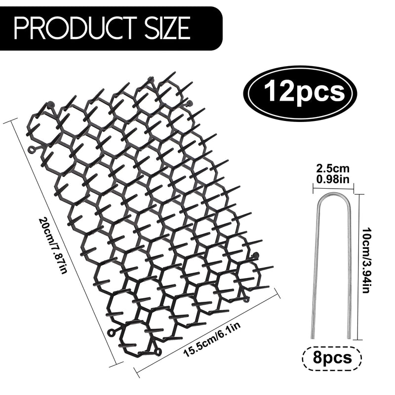 TSLBW 6.2 * 8 Inch 12 Pcs Cat Scat Mat with SpikesCat Repellent Mat with Spikes Pet Deterrent Net Anti Cat Mat Gardening Plastic Cat Scat Mat with 8 U-Shaped Pegs Wild Animal Garden Plants 15.5*20cm