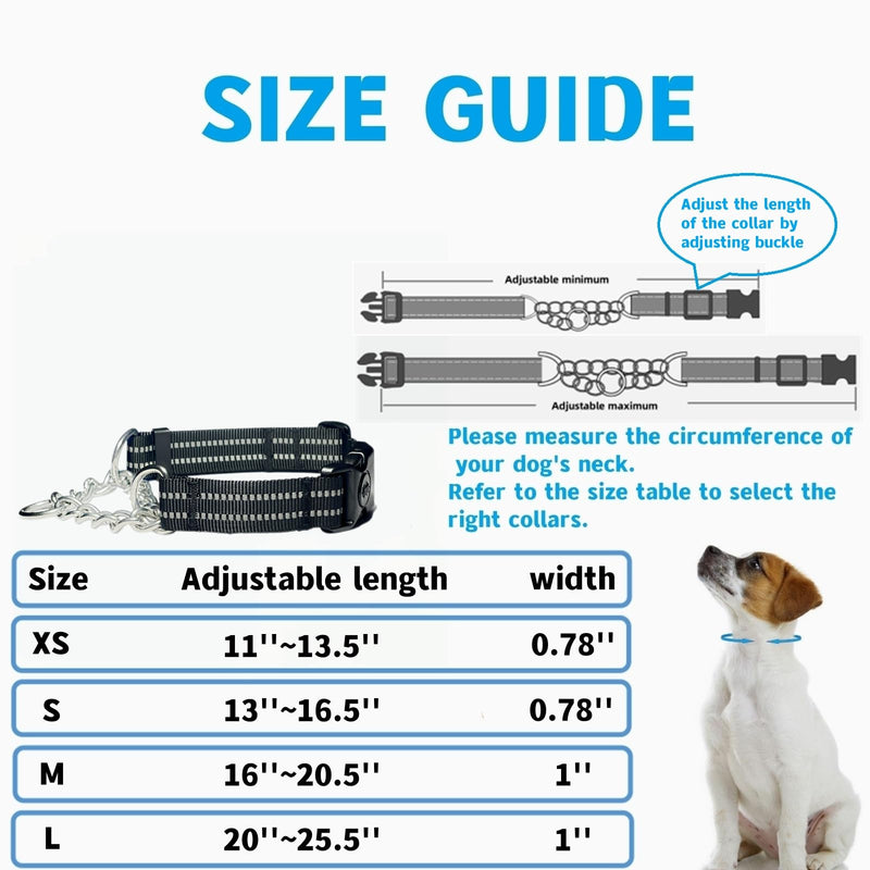 Martingale Collars for Dogs, Heavy Duty Stainless Steel Chain Training Collar, Reflective Nylon Adjustable Collar with Quick Release Buckle, Suitable for Puppy Medium Large Dogs((Black, XS) Extra Small-(for dog's neck 11''~13.5'') Black - PawsPlanet Australia