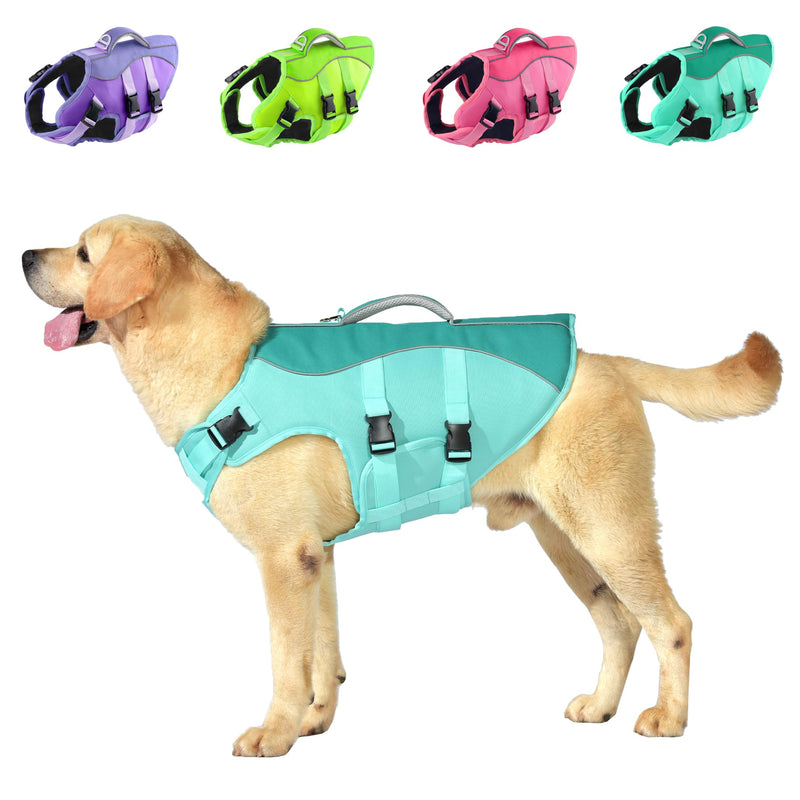 Dog Life Jacket, Reflective Dog Harness Life Vest with Rescue Handle for Swimming Boating, Adjustable High Buoyancy Flotation Swim Vest for Small Meium Large Dogs - Pine Green, L