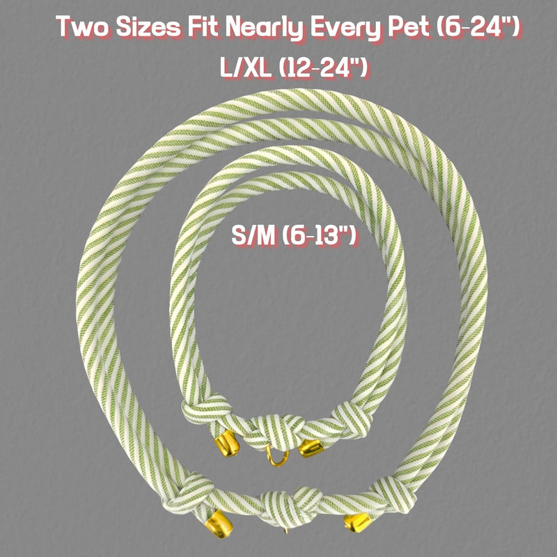 Striped 5mm Thin Cotton Pet Collar – Slip-On Collar for Dogs & Cats with O-Ring, Adjustable No Buckle for Small to Large Breeds, Soft Lightweight Rope Collar, 2 Split Rings (Green, S/M (6-13")) Green S/M (6-13") - PawsPlanet Australia