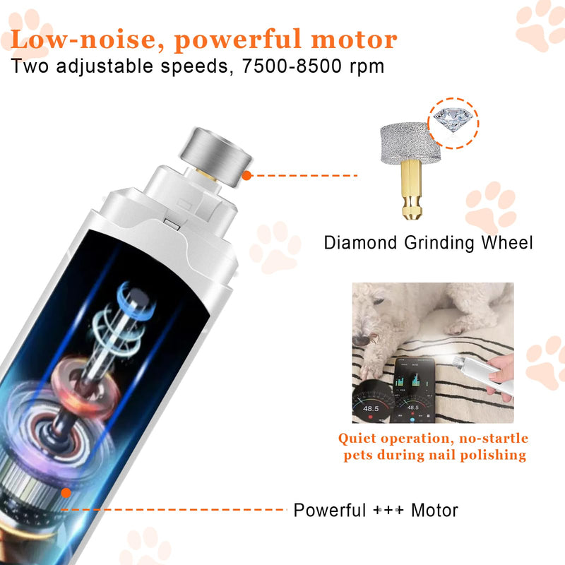 Dog Nail Grinders, Electric Rechargeable Pet Nail Trimmer Low Noise with LED Light 2-Speed Mode for Large Medium Small Dogs & Cats