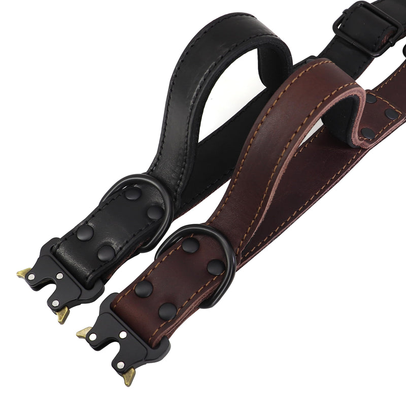 PET ARTIST Tactical Leather Dog Collar for Walking & Training, Sturdy Dog Collar with Soft Handle, Durable Metal Buckle,Best for Medium Large Dogs, Brown L M:15-20 Inch - PawsPlanet Australia