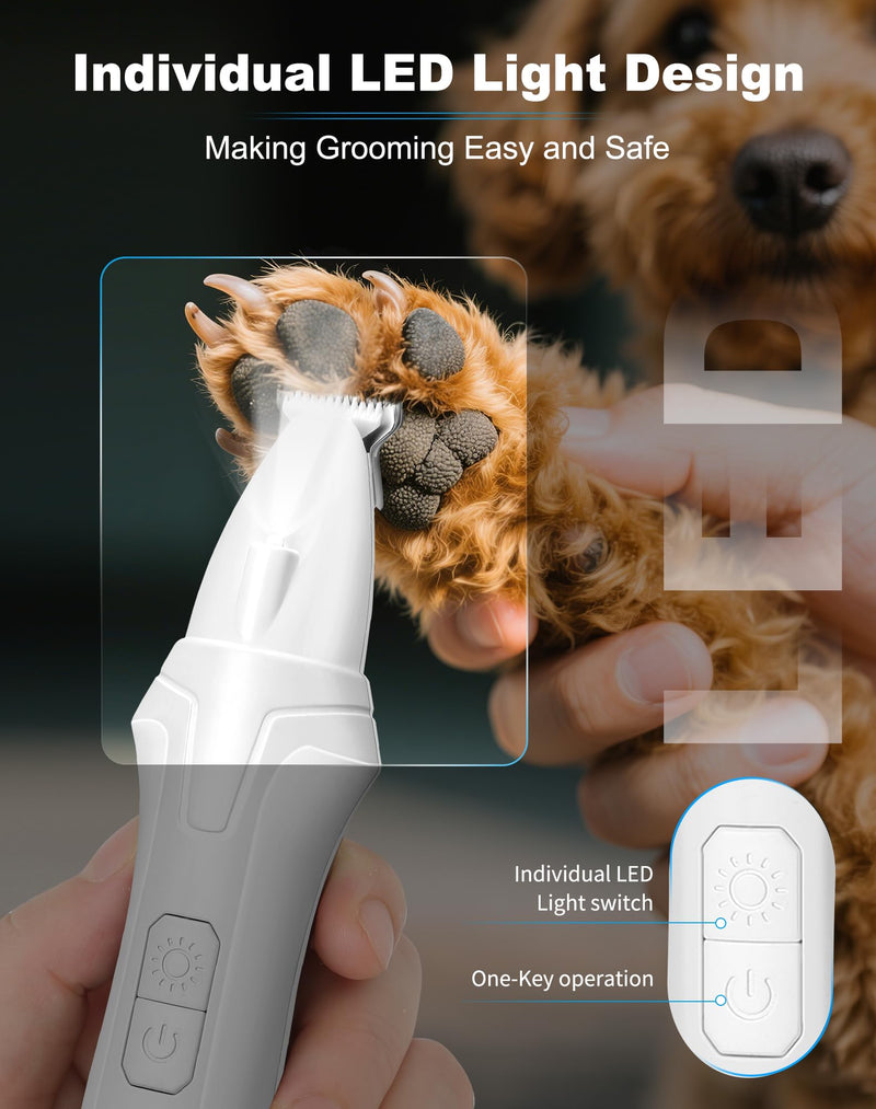 LEYOUFU Dog Paw Trimmer with LED Light, 2 Speed Low Noise Paw Trimmers for Dog's Feet, Cordless Electric Dog Clippers for Grooming Cat Hair Shaver for Paws, Ears, Face, Rump Small Areas(White) White - PawsPlanet Australia