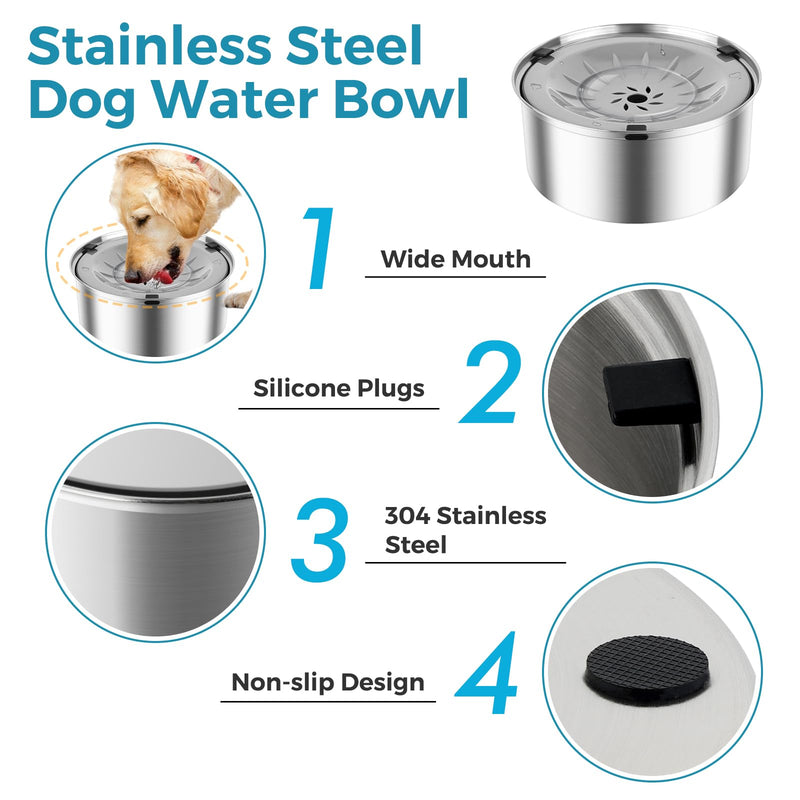 3L/101oz Dog Water Bowl No Spill Stainless Steel Pet Water Dispenser Large Capacity Travel Water Bowl No Splash Slow Water Bowl for Dogs and Cats, Non-Slip, Grey Plastic Floating Disk - PawsPlanet Australia