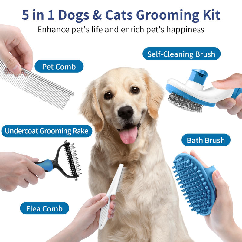 5 in 1 Dog Grooming Kit - Self-Cleaning Slicker Brush for Shedding Short Long Haired Dogs & Cats, Includes Pet Comb, Flea Comb, Bath Brush, Undercoat Rake - Complete Fur Care Set - Blue - PawsPlanet Australia
