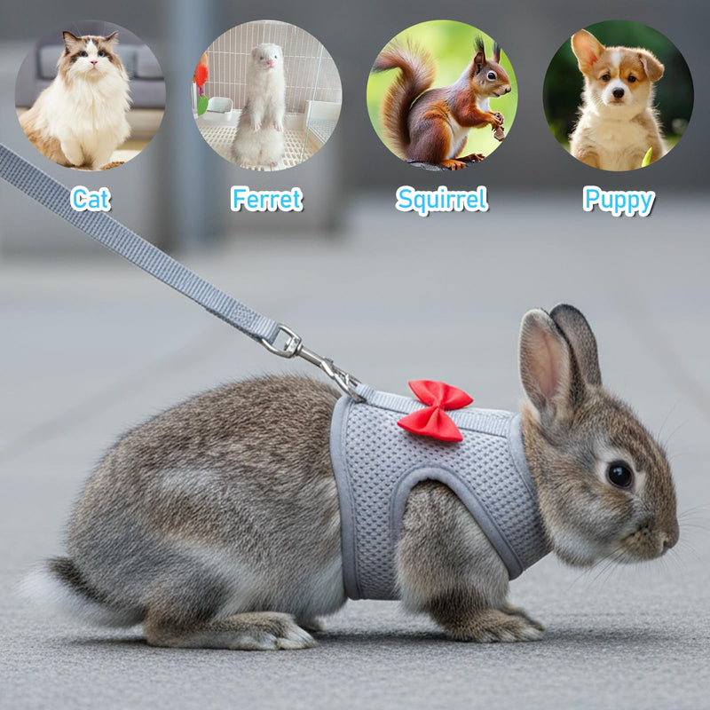 Rabbit Harness and Leash Set with a Cute Bow, Soft Mesh Vest-Style Carrier, Adjustable Rabbit Vest, Suitable for Rabbits, Kittens, Ferrets, Miniature Pigs, and Puppies, Gray Size M - PawsPlanet Australia