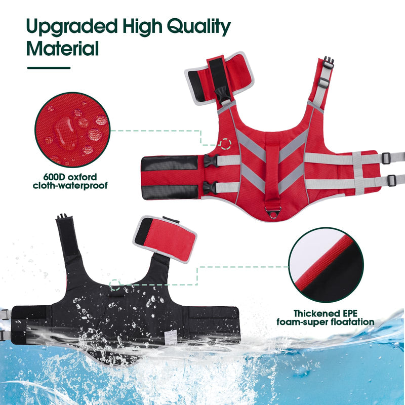 Kuoser Dog Life Jacket with Reflective Stripes, Adjustable High Visibility Dog Life Vest Ripstop Dog Lifesaver Pet Life Preserver with High Flotation Swimsuit for Small Medium and Large Dogs Large (Chest Girth:22.8-29.5'') 1#Red - PawsPlanet Australia