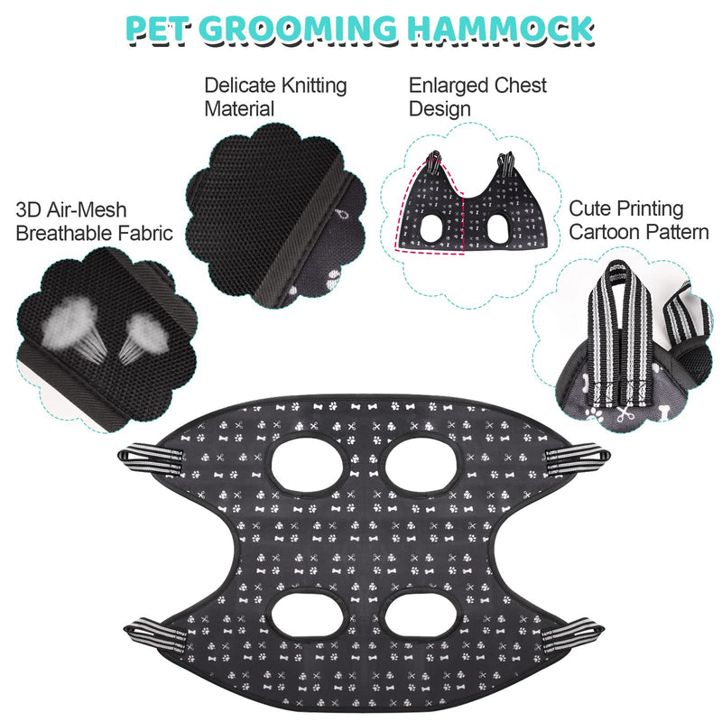 Pet Grooming Hammock Harness with Nail Clippers/Trimmer, Nail File, Comb, Cute Printed Breathable Cats & Dogs Hammock Sling for Grooming (XL, Black) XL - PawsPlanet Australia