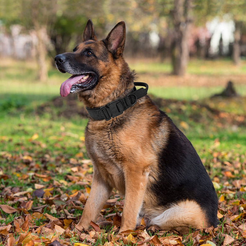 Tactical Dog Collar with Bungee Dog Leads Leash Adjustable Dog Collar with Control Handle and Heavy Metal Buckle Military Nylon Collar for Medium and Large Dogs (XL, P3-BLACK) XL - PawsPlanet Australia