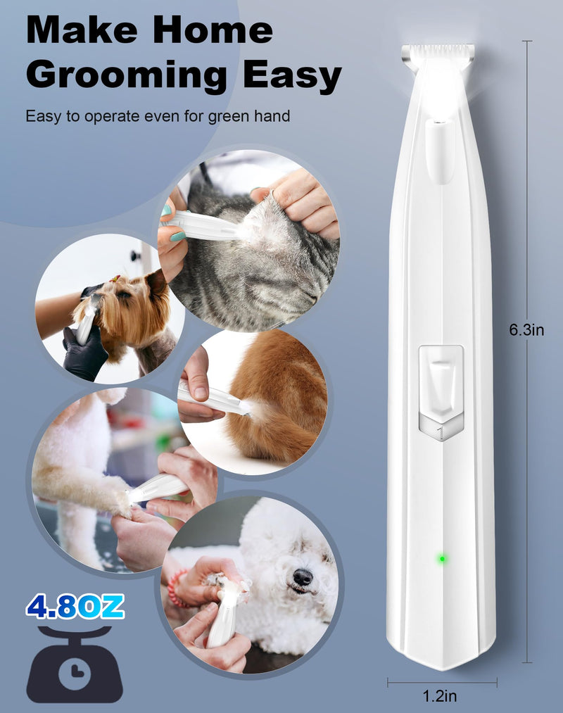 Dog Paw Trimmer for Grooming, Cordless Electric Dog Clippers with LED Light, Rechargeable Low Noise Small Pet Shaver for Trimming Cat's Hair Around Eyes, Faces, Ears, Paws, Rump(White) White
