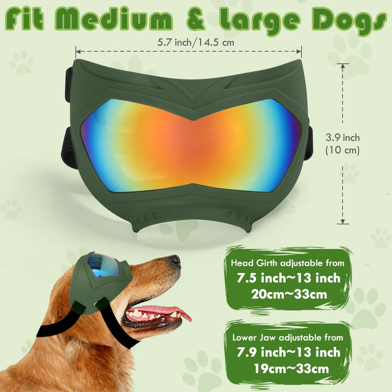 Dog Sunglasses, Dog Goggles for Large and Medium Breed with Adjustable Strap, UV Protection, Windproof, Waterproof, Dustproof and Snowproof, Dogs Eyes Protection, Wide Snout Rest, Soft Frame, Green A Green Frame+Color Lens - PawsPlanet Australia