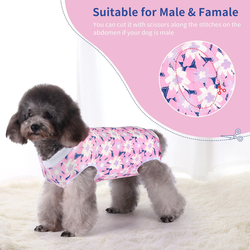 Dog Surgery Recovery Suit Puppy Surgical Clothes Abdominal Wounds Anti-Licking Dog Bodysuit Onesie Substitute E-Collar& Cone Pink Flower S Pink Flower(Zipper) - PawsPlanet Australia