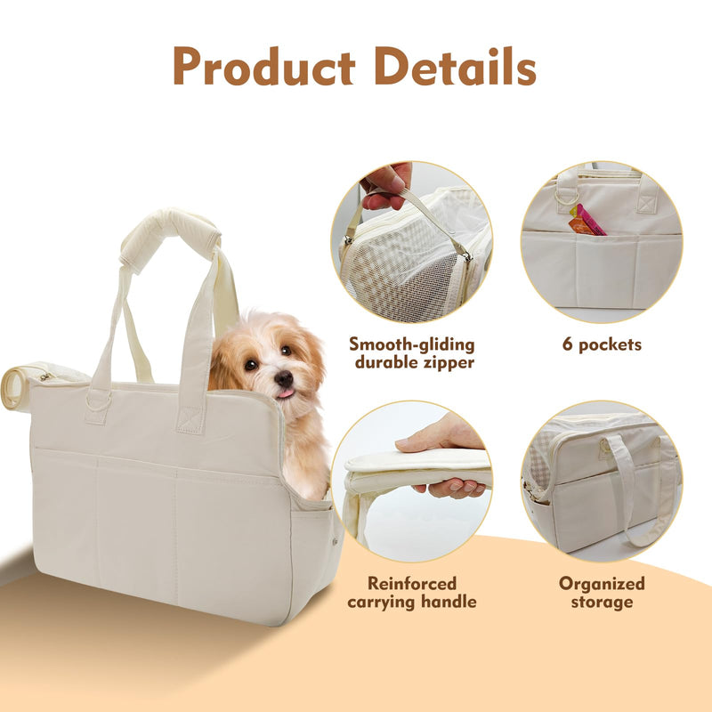 Dog Purse Carrier for Small Dogs Cats Puppies 17 lb Max, Breathable Mesh & Comfortable Strap, Dog Purse Carrier with 6 Pockets & Safety Leash Clip (Cream Color) - PawsPlanet Australia