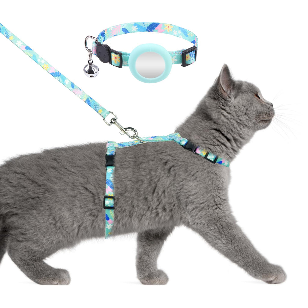 KOOLTAIL Cat Harness and Leash Set Escape Proof with Cat Collar Airtag Holder & Bell for Safe Walking & Travel, Comfortable Lightweight Adjustable Kitten Harness for Small Medium Large Cats, Green Green Leaves Neck:7.5"-12" chest:10"-18"