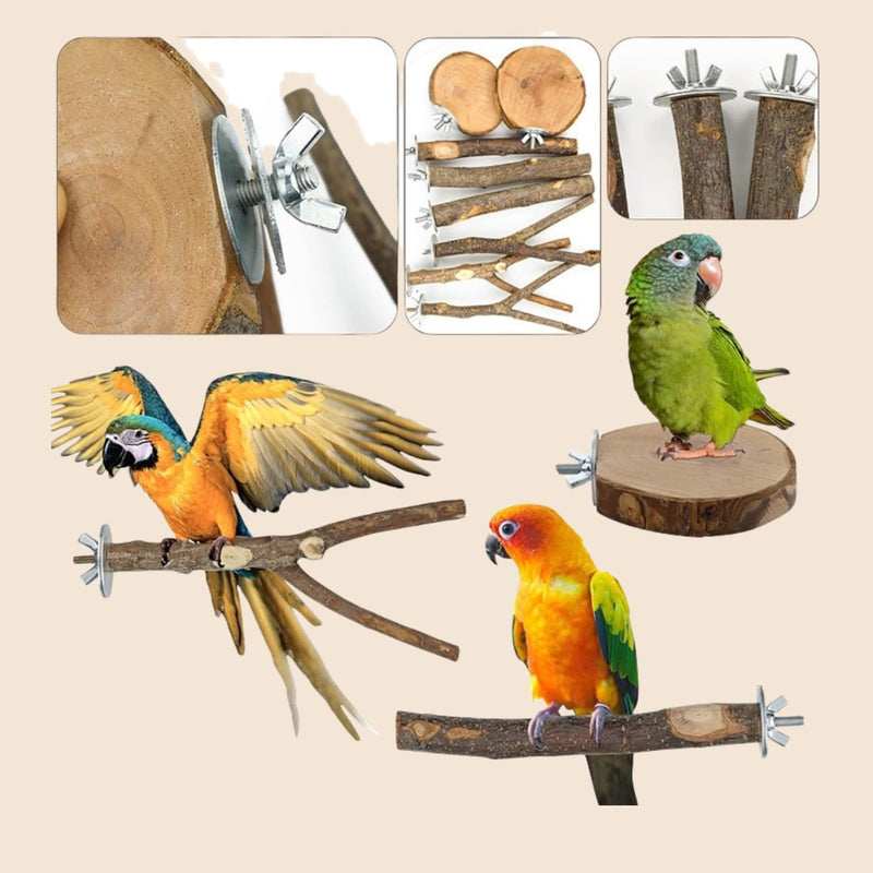 8-Piece Set Natural Wood Bird Perches - Wooden Parrot Stand with Fork Toys, Hanging Multi-Branch Platform, Hammock Swing - Suitable for Parakeets, Budgies - Durable Pet Bird Accessories - PawsPlanet Australia