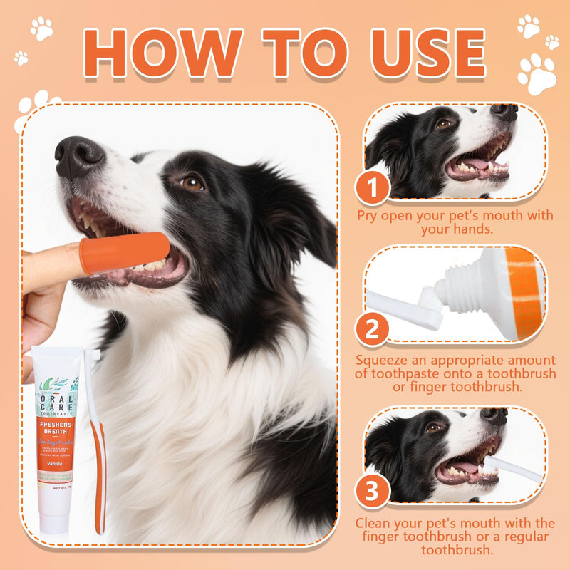 Dog dental care set, dog toothpaste, cleans teeth and removes plaque, prevents bad breath in dogs, suitable for dogs and cats, vanilla flavor, beef flavor