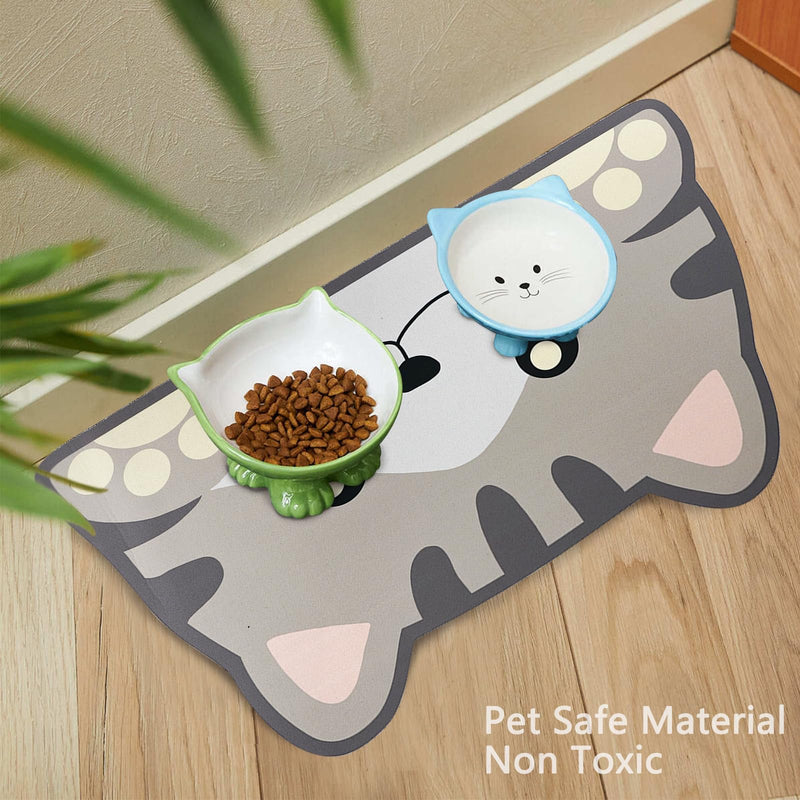 Cat Food Mats for floor, Cat Water Bowl Mats Pet Feeding Absorbent Mat Cat Placemats for Food and Water Grey Small 17.7 * 9.8 inch Cat Head - PawsPlanet Australia