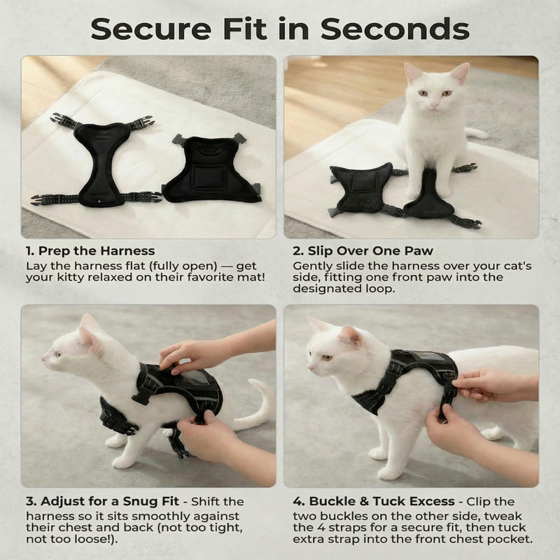 Luxelle Escape-Proof Cat Harness and Leash Set – Adjustable No Pull Soft Vest with 360° Reflective Straps, Built-in Pocket & Wrist Strap, Breathable Mesh Outdoor Harness Black XS