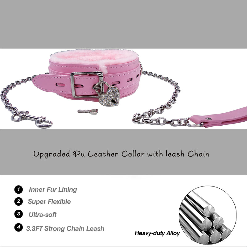 AWISZZZ Pets Dog and Cat Gothic Leather Collar Tie Long Lead Chain Strong Durable with Love Lock and Collar Necklace Neck Size Adjustable Collar for Women Pets - Pink