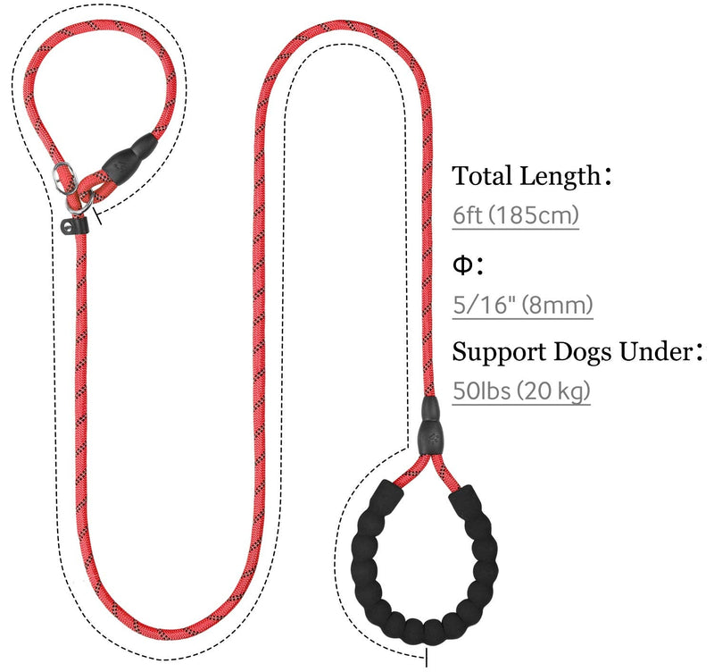 TagME Slip Leads for Dogs, 6 FT Heavy Duty Slip Leash with Padded Handle, Strong Rope No Pull Pet Training Leash for Small Dogs,Red S-5/16"x6'(0-50lbs) Red - PawsPlanet Australia