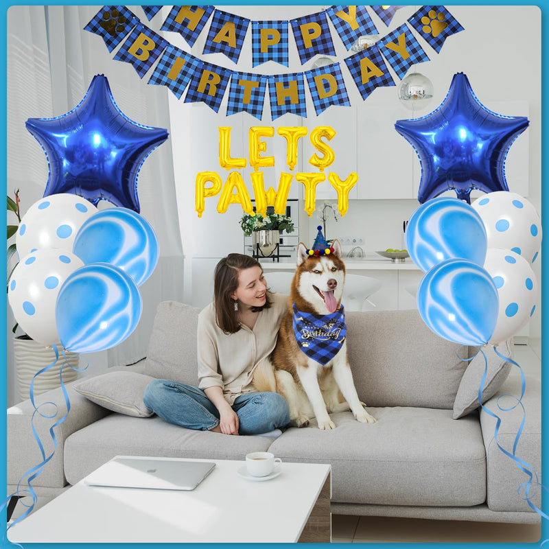 Dog Birthday Decorations Boy, Dog Birthday Bandana Blue Dog Birthday Hat with Numbers, Dog Birthday Banner HAPPY BIRTHDAY and LETS PAWTY Balloons for Dogs Birthday Party Supplies for Cat Dog Birthday Boy Outfit - PawsPlanet Australia