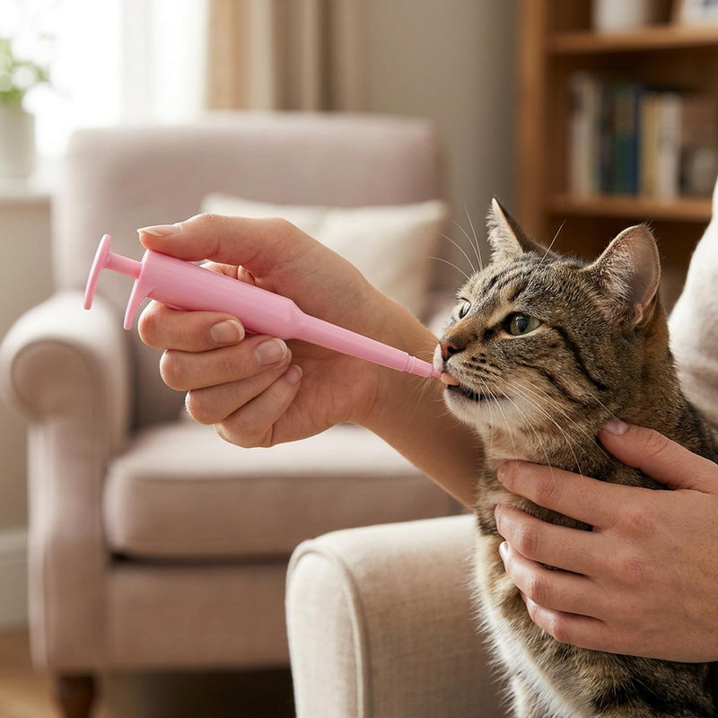 3-piece set in pink, containing a cat pill dispenser, a practical set for administering medication, easy to use with resistant pets, light blue and with 10 ml