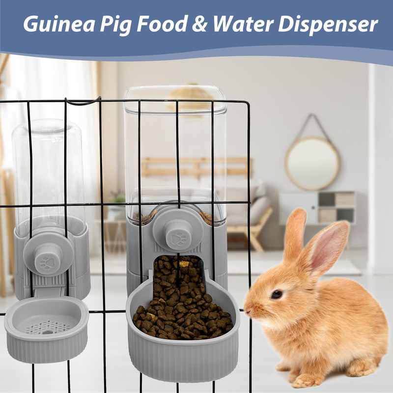 Fhiny Rabbit Food & Water Dispenser, Large Capacity Gravity Guinea Pig Feeder and Waterer Set Hanging Automatic Bunny Feeder for Cage for Bunny Guinea Pig Chinchilla Ferret Cat Puppy Grey Food + Water - PawsPlanet Australia