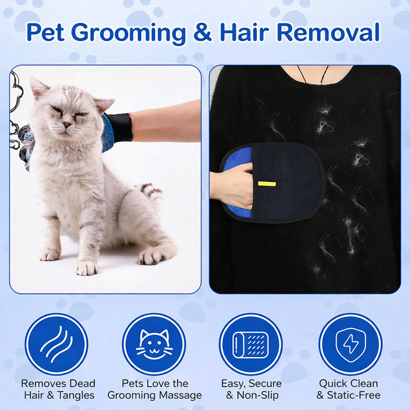 Pet Hair Removal Grooming Gloves Set – Silicone Cat & Dog Deshedding Gloves with Double-Sided Pet Hair Remover, Washable Reusable Anti-Static Grooming Set for Cats Dogs Horses (Blue) - PawsPlanet Australia