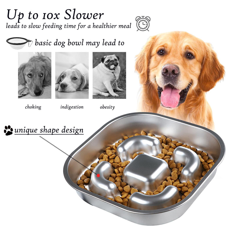 Slow Feeder Dog Bowl, 2 Cups Stainless Steel Metal Pet Food Bowls, Dog Cat Food Bowls Can Slows Down Pets Eating Suitable for Small & Medium Sized Dog