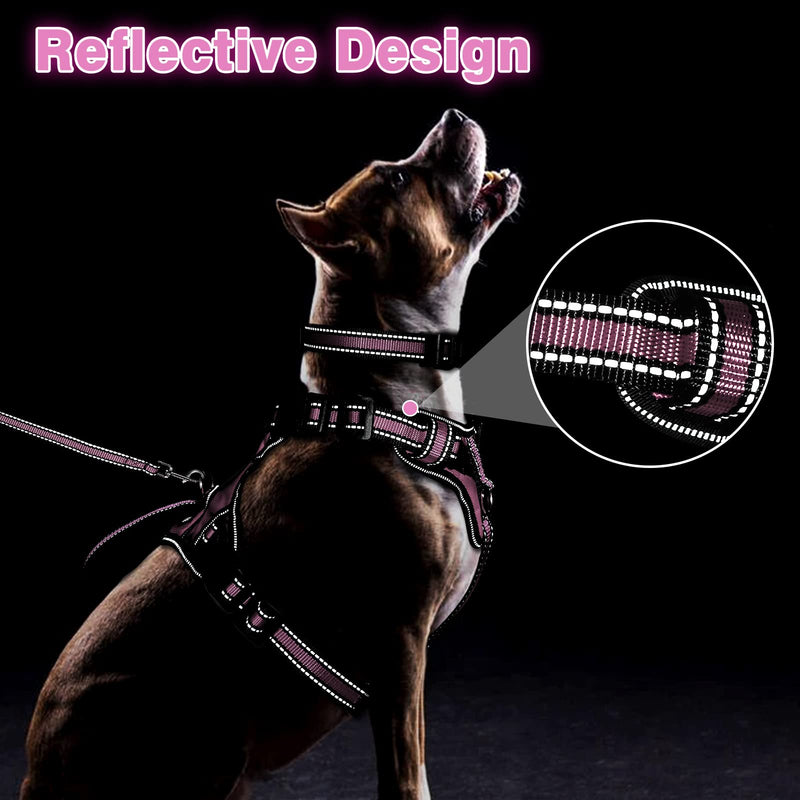 WINSEE Pet Harness Collar and Leash Set, All-in-one Reflective Dog Harness No Pull with Adjustable Buckles for Puppies, Small, Medium, Large, and Extra-Large Dogs (Large, Pink) - PawsPlanet Australia