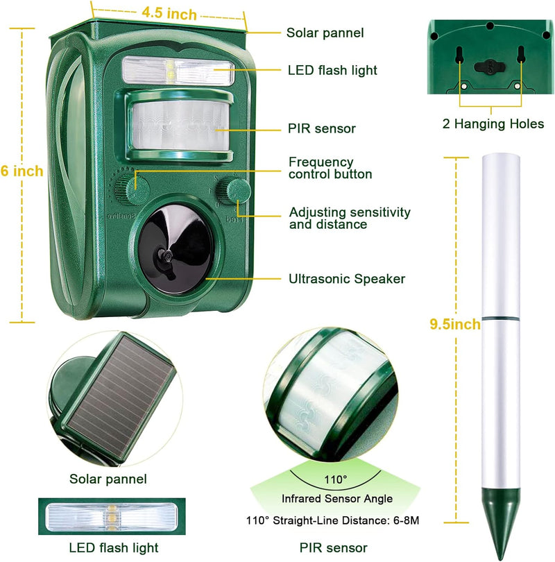 AngLink Ultrasonic Cat Deterrent Solar Animal Repellent Marten Deterrent IPX44 Waterproof with 5 Mode Motion Sensor Dog Deterrent to Repel Cats Martens Dogs for Garden - PawsPlanet Australia