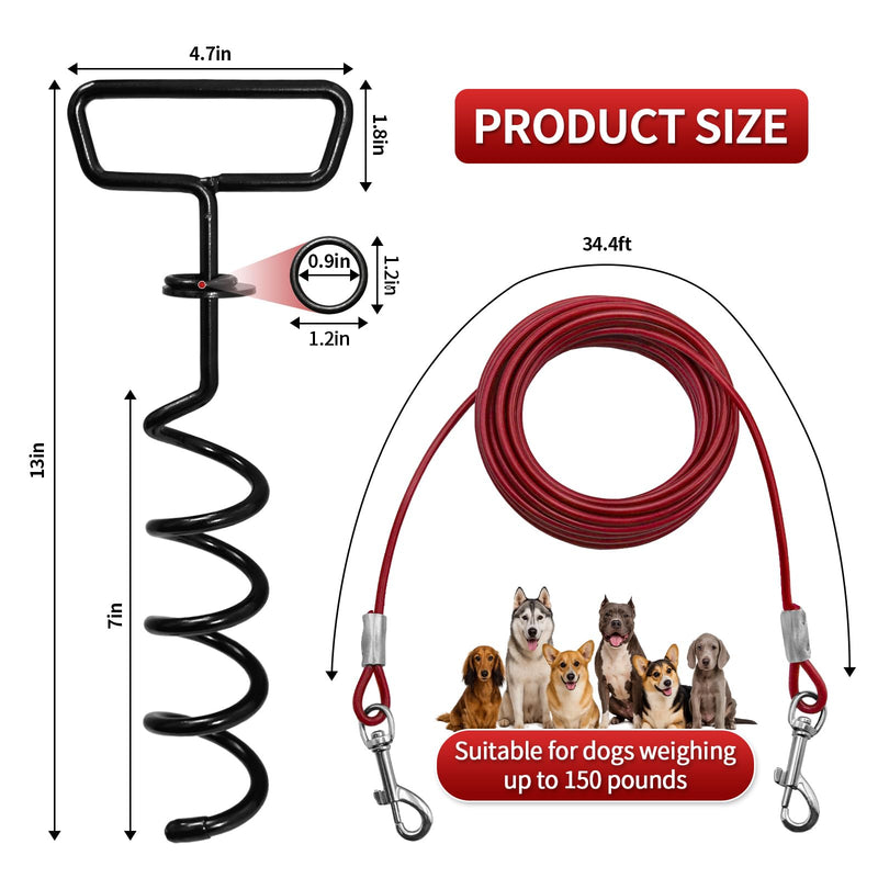 Dog Tie Out Cable and Stake 34ft, Heavy Duty Dog Chains for Outside with Lockable Hook, Pet Runner Cable Leads for Medium Large Dogs Up to 250 LBS,Comfort Grip for Daily Walking/Outdoor Red - PawsPlanet Australia