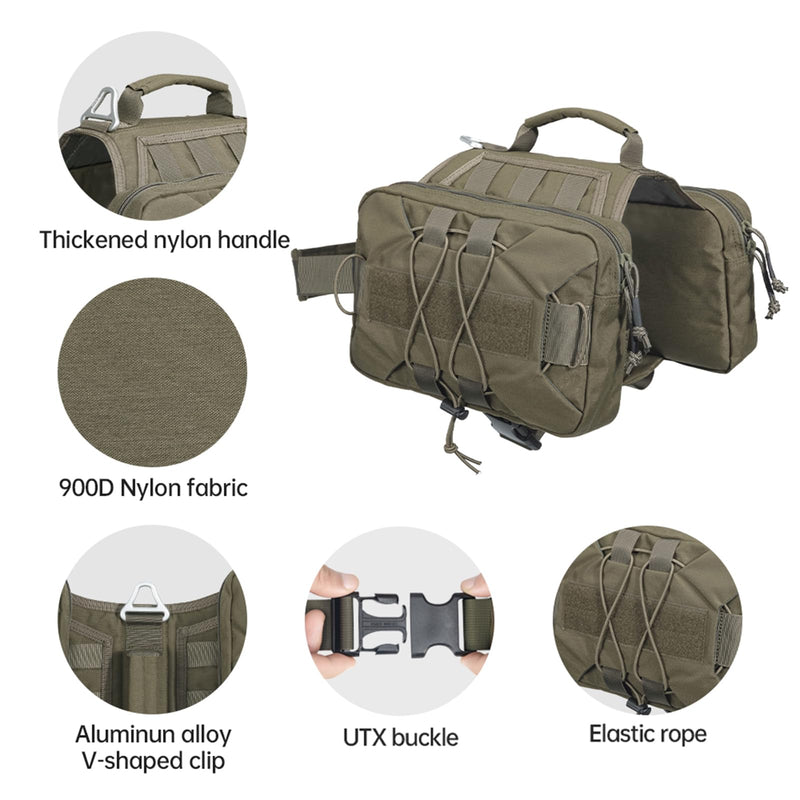 EXCELLENT ELITE SPANKER Dog Pack Hound Dog Saddle Bag Backpack for Travel Camping Hiking Medium & Large Dog with 2 Capacious Side Pockets(RGN-L) 11.00" x 1.50" x 7.00" Ranger Green - PawsPlanet Australia