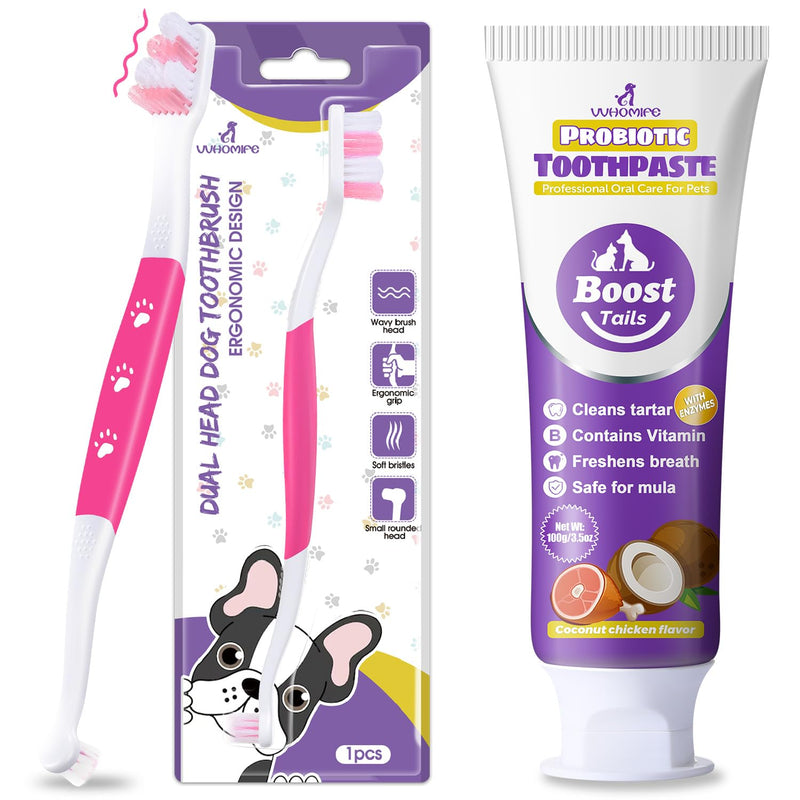 Dog Toothbrush – Newly Upgraded Dual-Head Design with 60° Wavy Bristles + Natural Coconut Oil Cat & Dog Toothpaste