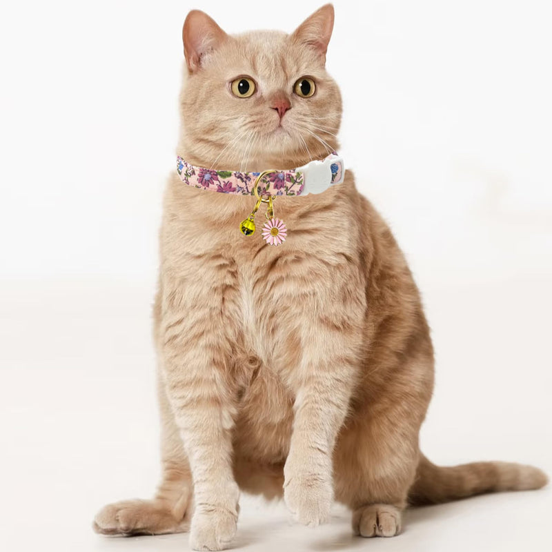 2 Pack Cotton Breakaway Cat Collars Set with Bell and Flower Pendant, Cute Floral Fruit Patterned, Adjustable 7.5-11Inch, Include A Mouse Toy Gift beige+dark pink - PawsPlanet Australia